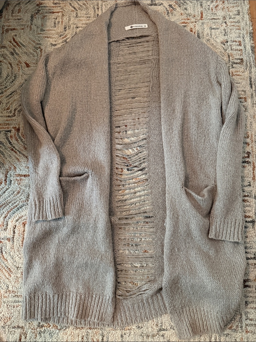 The Impeccable Pig Taupe Open-Front Ladder-Detail Cardigan